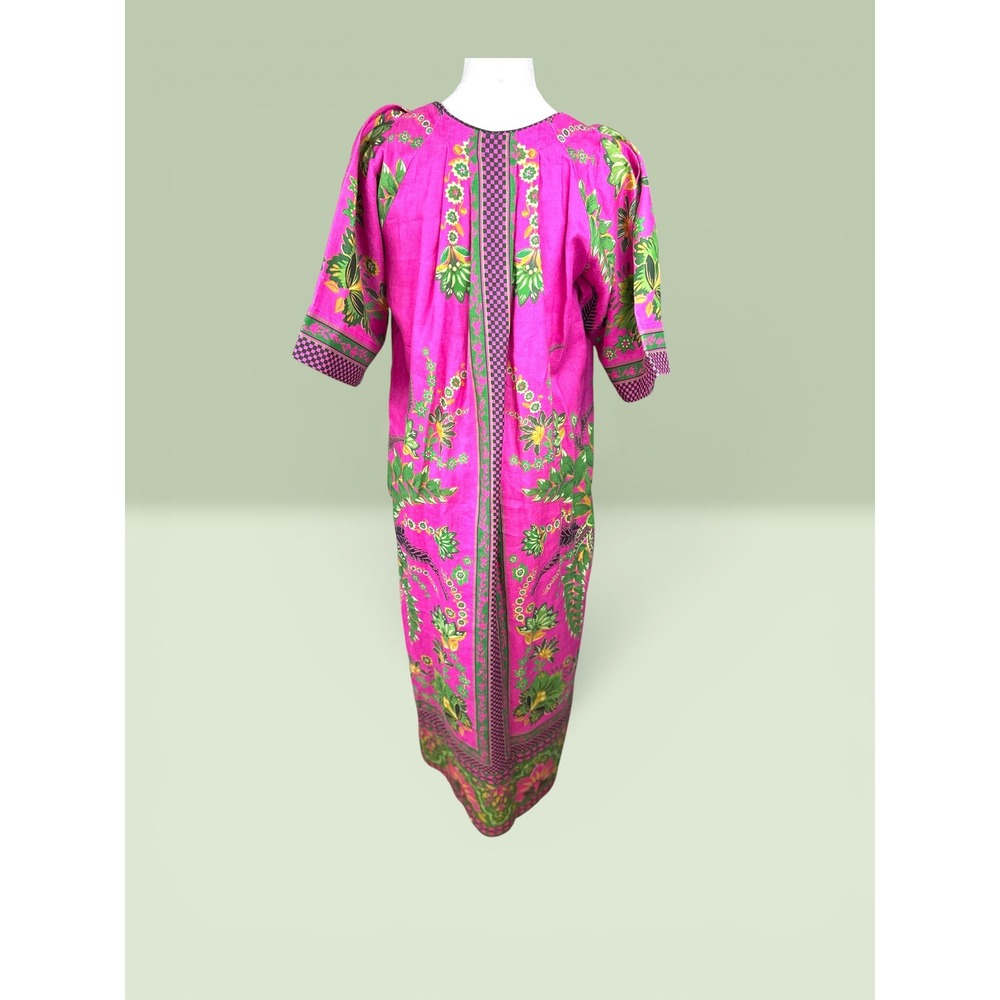 Farm Rio NWT SZ Sm Ana Tie Front Pink Floral Linen Blend Kaftan Midi Dress - Picture 4 of 16